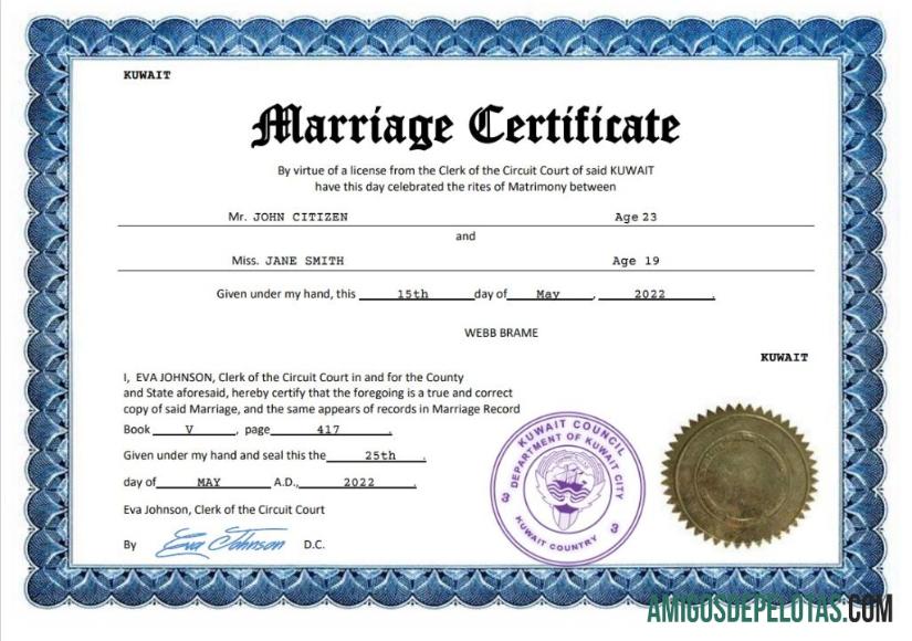 Realista modelo Word e PDF de certidão de casamento do Kuwait